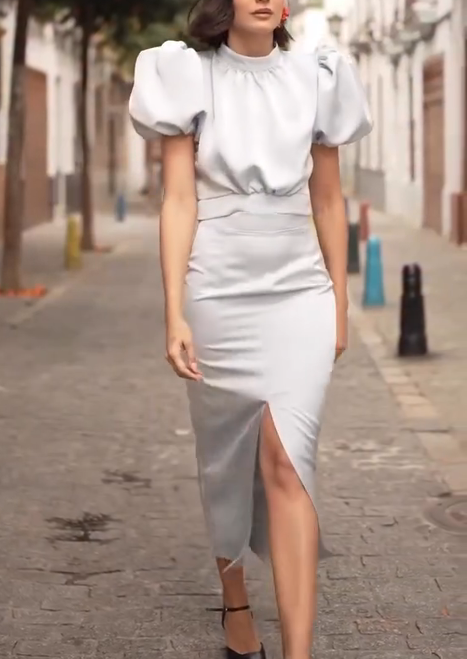 Light Silver-Grey Satin Dress with Puff Sleeves