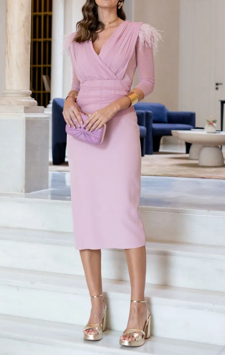Nude pink draped midi dress