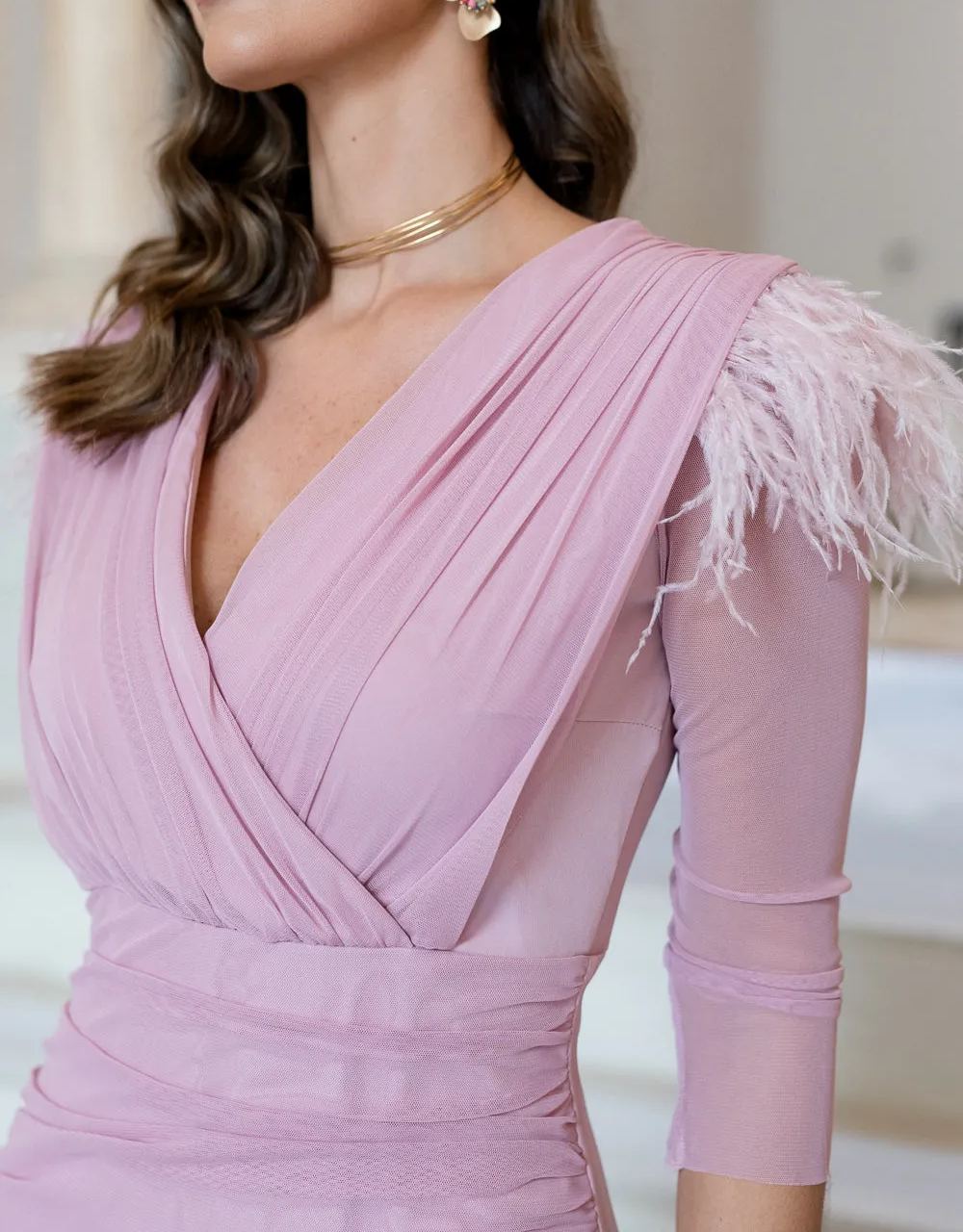Nude pink draped midi dress