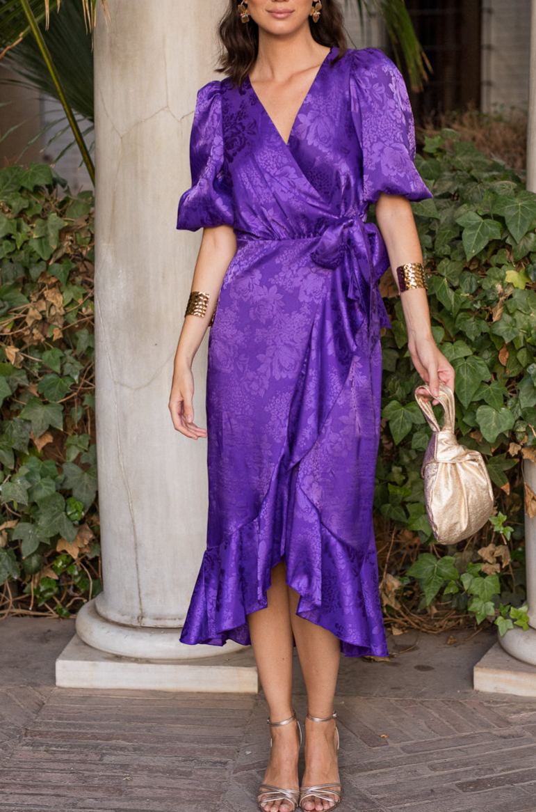 Purple jacquard wrap dress