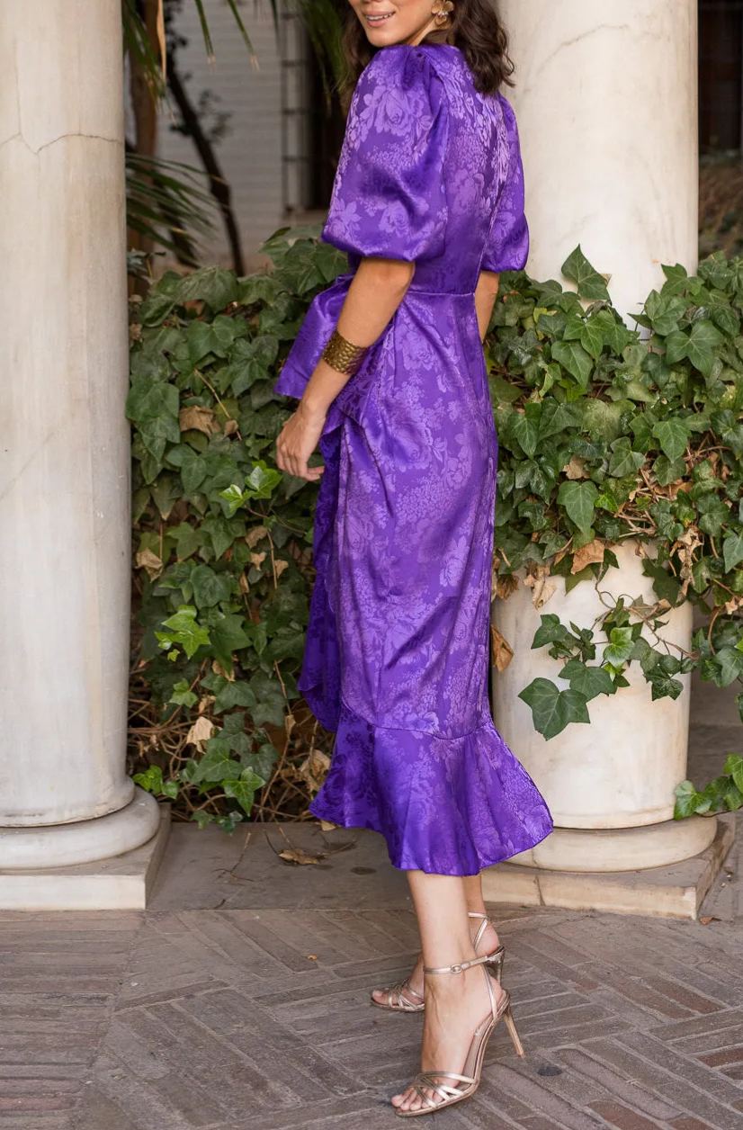 Purple jacquard wrap dress