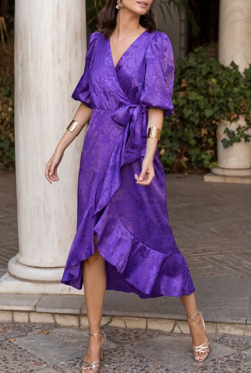 Purple jacquard wrap dress