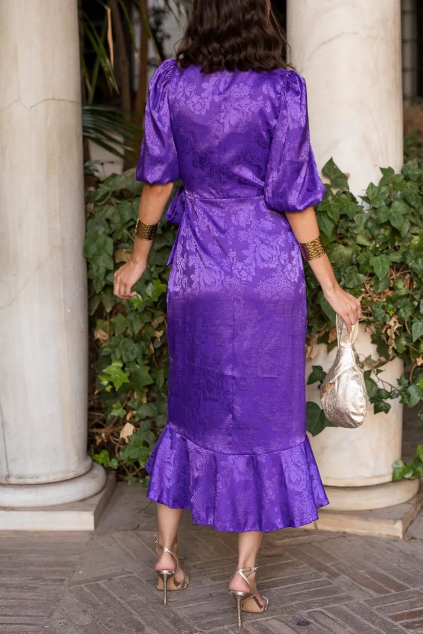 Purple jacquard wrap dress