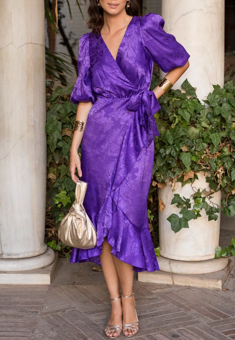 Purple jacquard wrap dress