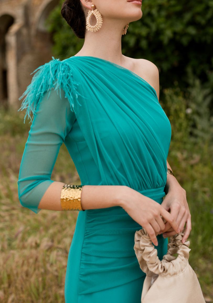 Vestido midi drapeado asimétrico aguamarina