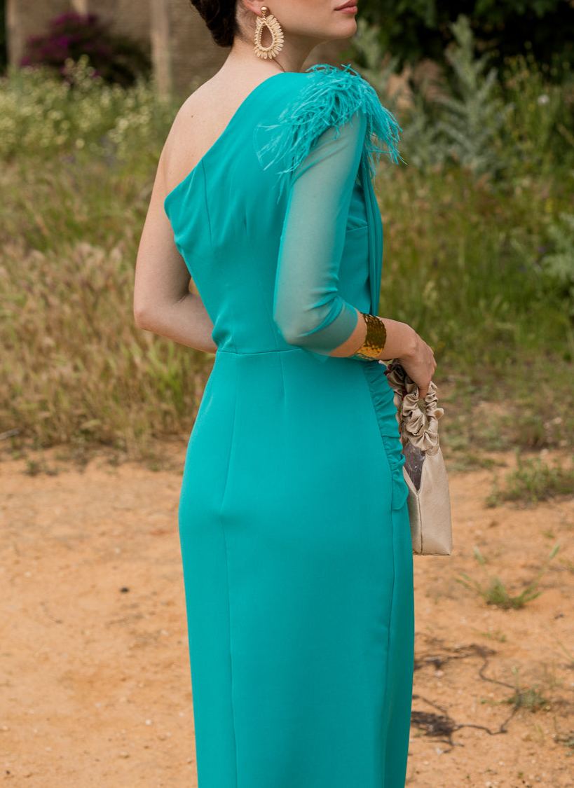 Vestido midi drapeado asimétrico aguamarina