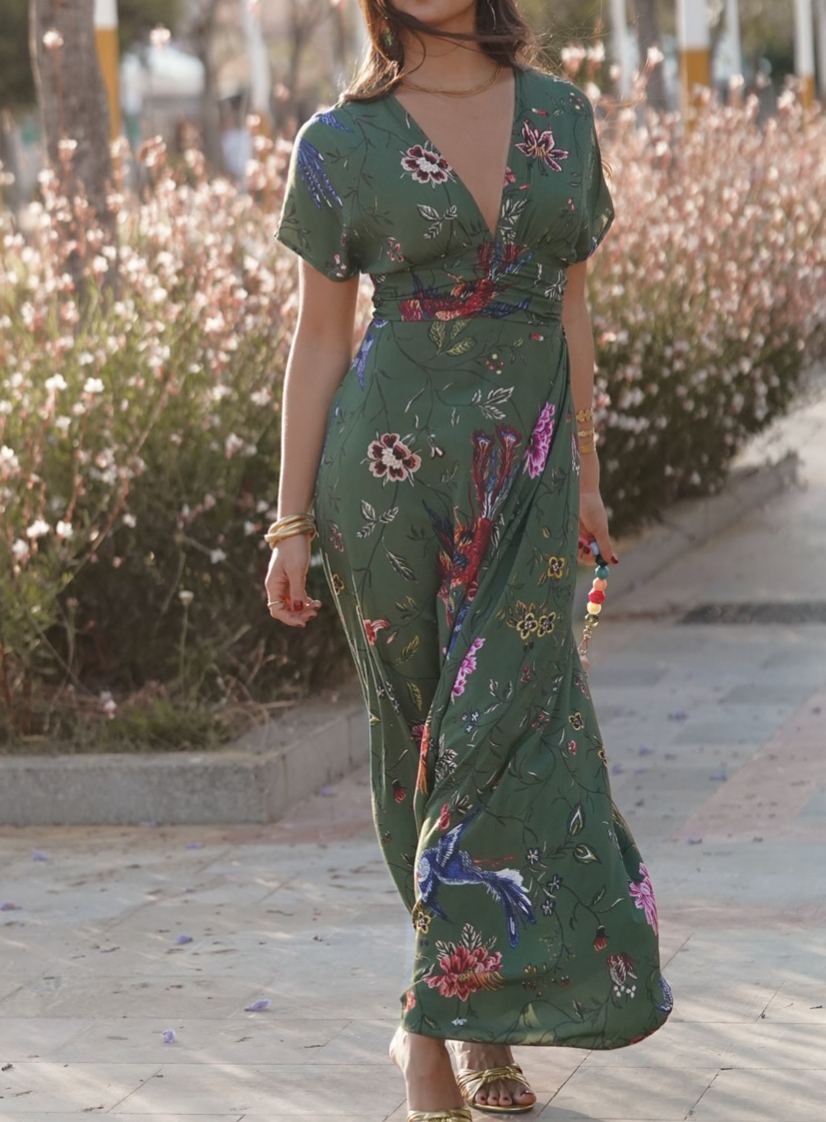 Floral Print Deep V-Neck Dress with a Nip Waist