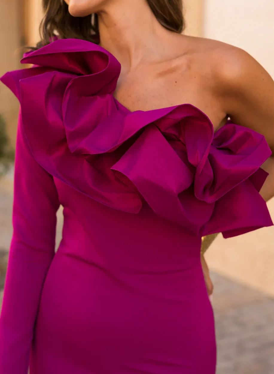 Asymmetrical Long-Sleeved Dress with Ruffle