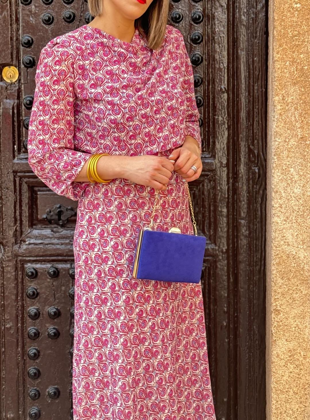 Pink and Purple Geometric Print Mid-Sleeve Dress