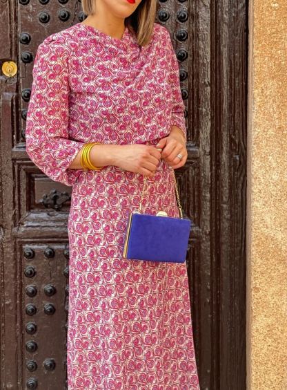 Pink and Purple Geometric Print Mid-Sleeve Dress