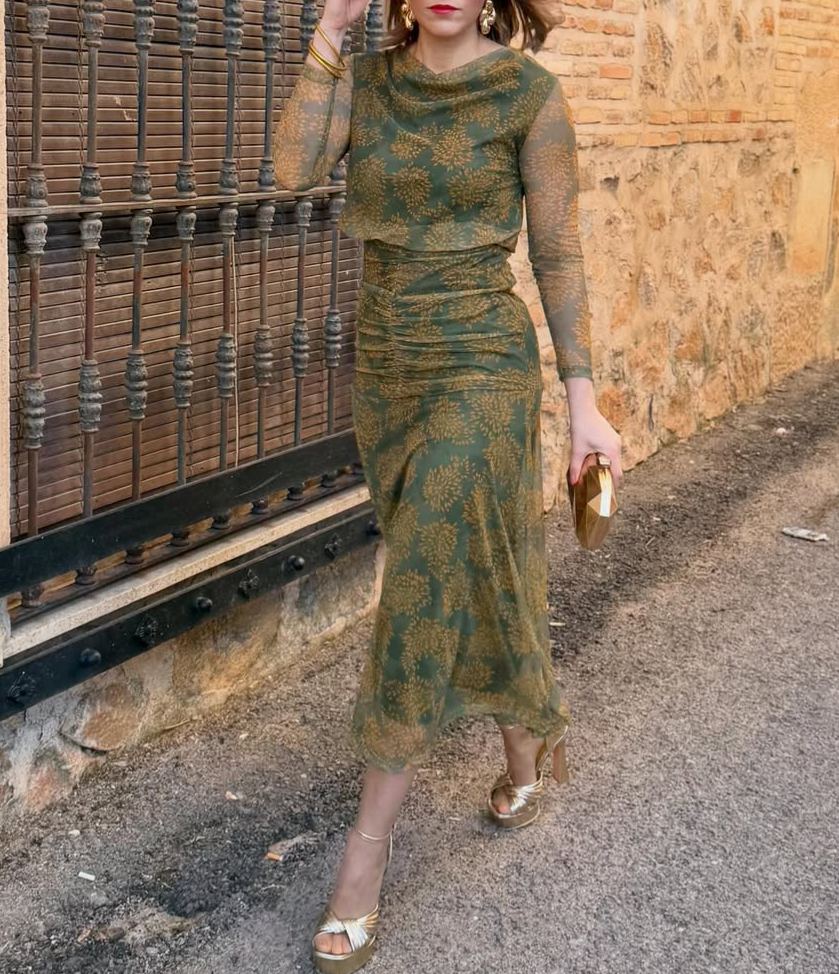 Olive Green Printed Mesh Long-Sleeved Dress