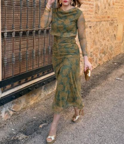 Olive Green Printed Mesh Long-Sleeved Dress