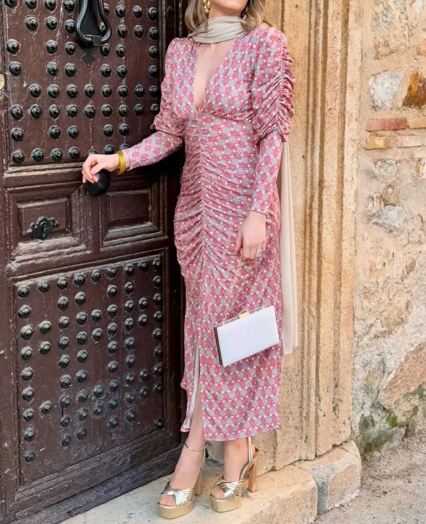 Pink Geometric Print Deep V-neck Slit Dress