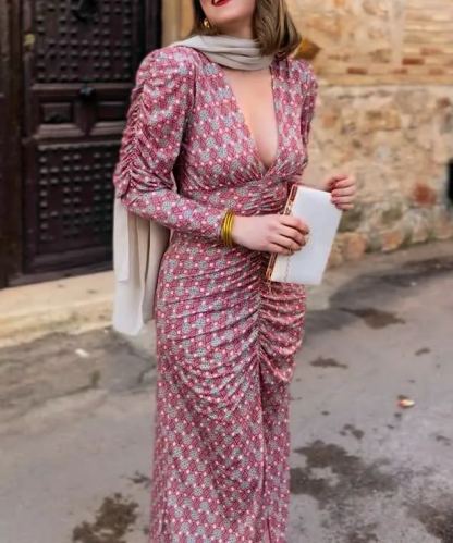 Pink Geometric Print Deep V-neck Slit Dress