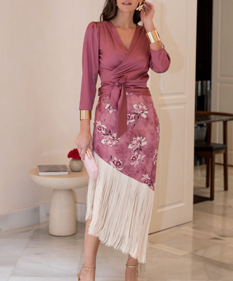 Light pink fringed skirt and shirt set