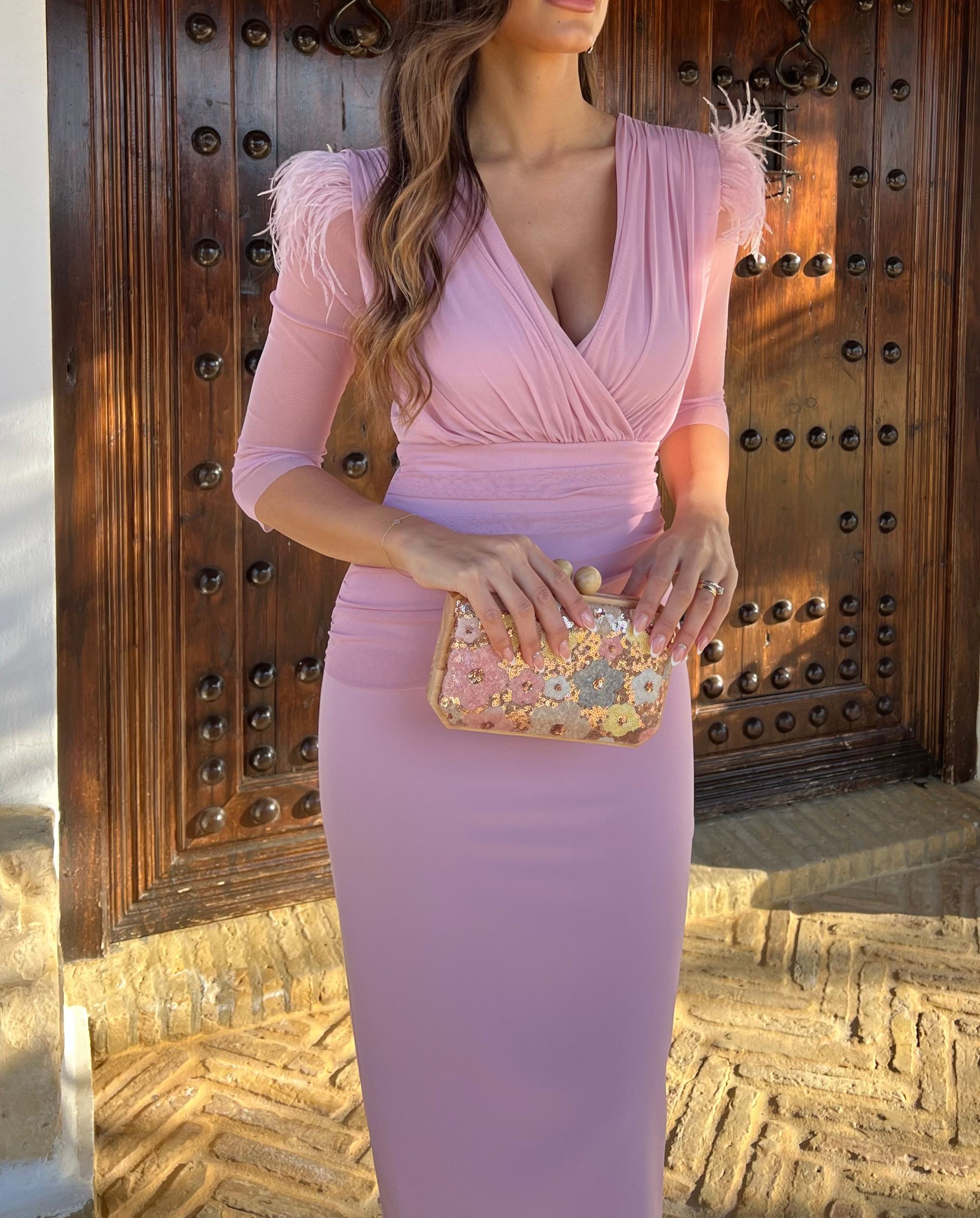 Pink V-neck feather shoulder dress
