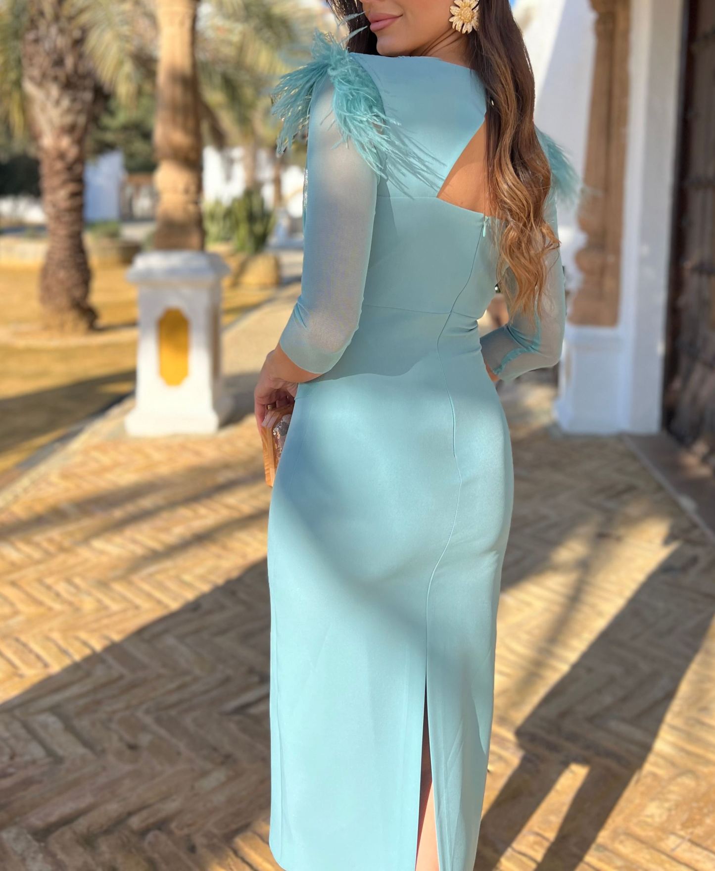 Blue V-neck feather shoulder dress