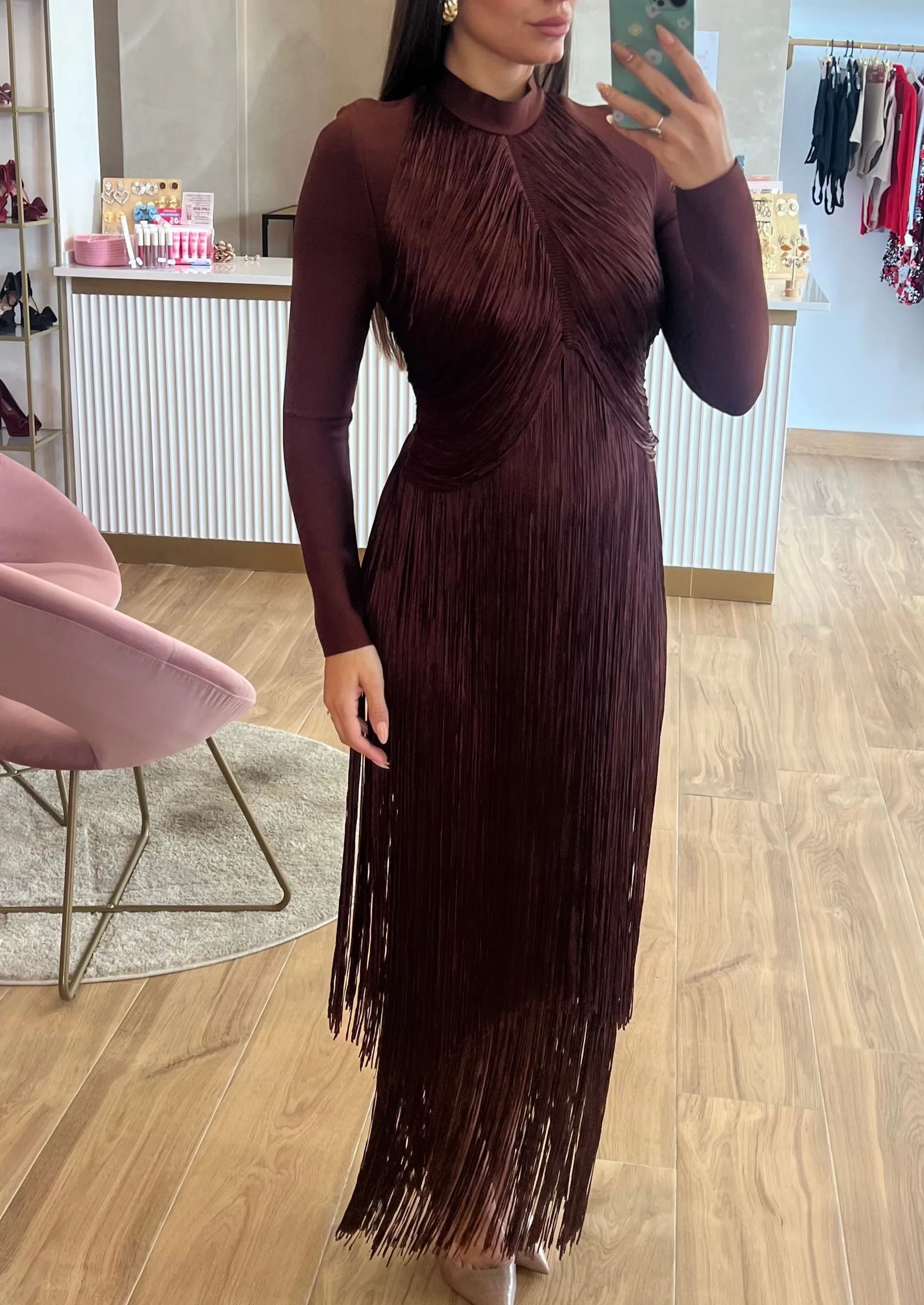 Chocolate Fringe Bandage Dress