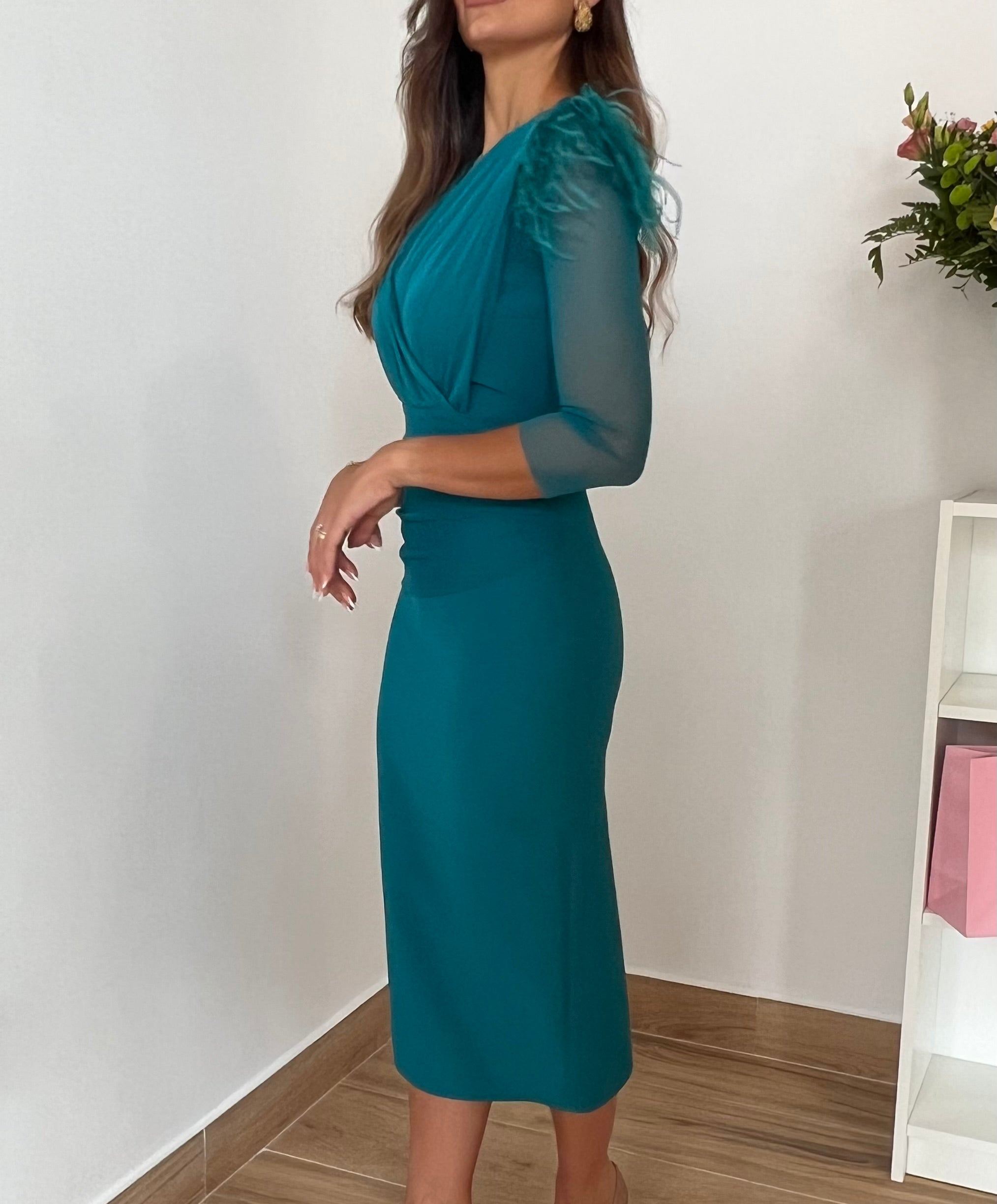 Blue V-neck feather shoulder dress