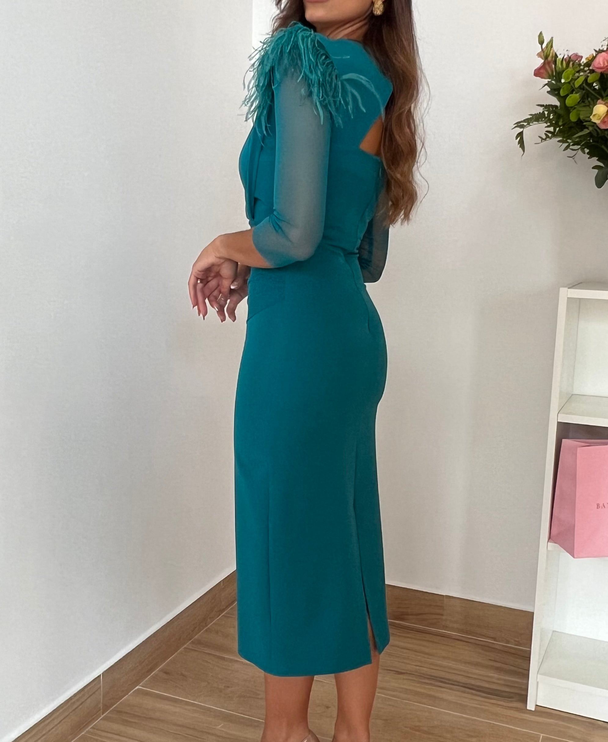 Blue V-neck feather shoulder dress