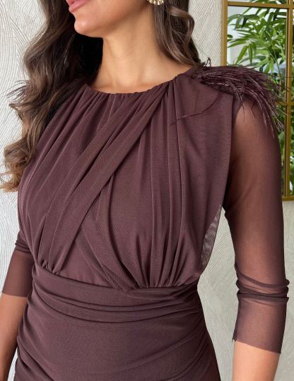 Brown-colored feather-embellished tulle skirt