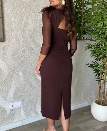 Brown-colored feather-embellished tulle skirt