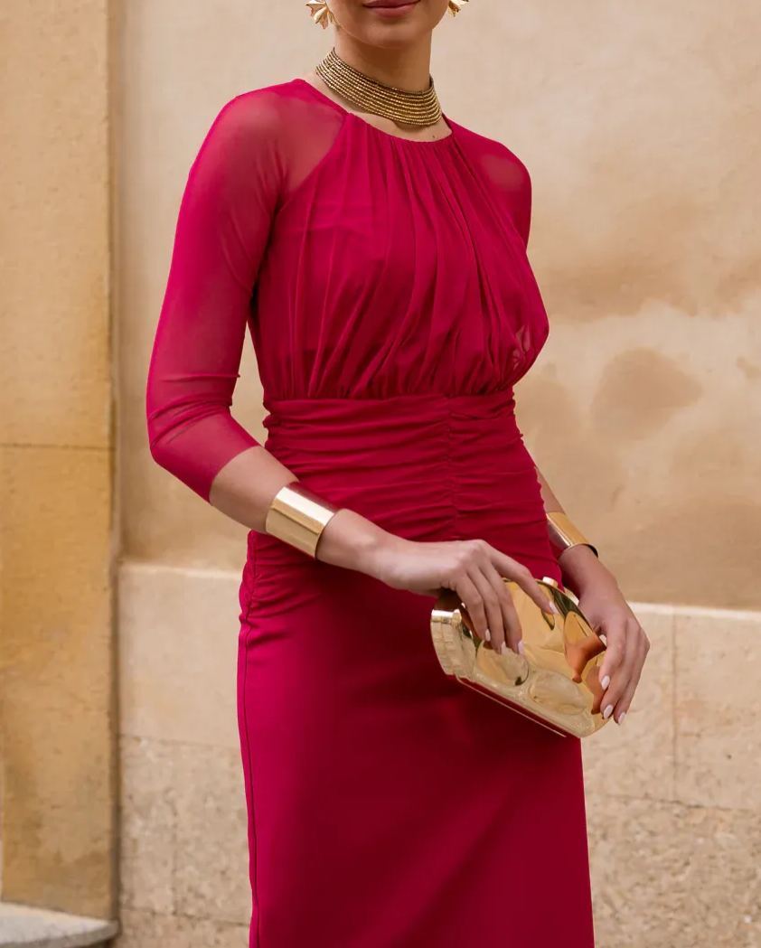 Cherry Blossom Chiffon Sleeve Midi Dress