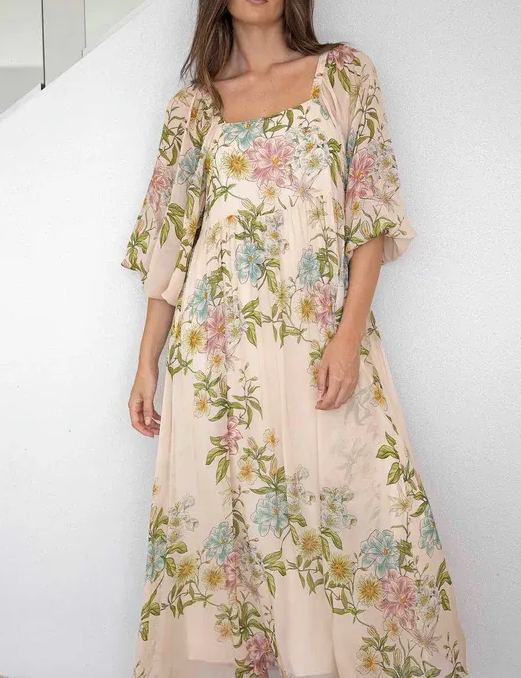 Cream Floral Square Neck Maxi Dress
