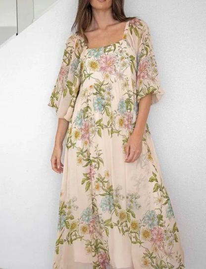 Cream Floral Square Neck Maxi Dress