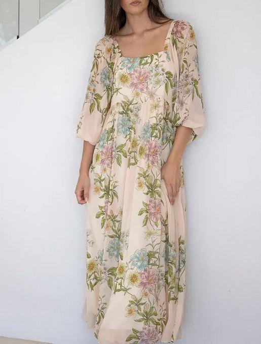 Cream Floral Square Neck Maxi Dress