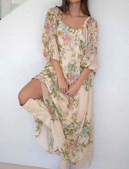 Cream Floral Square Neck Maxi Dress