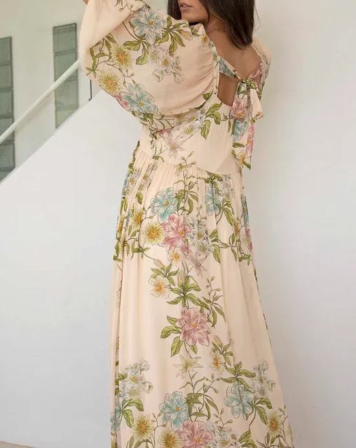 Cream Floral Square Neck Maxi Dress