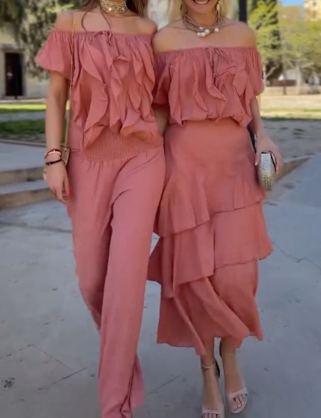 Off-the-shoulder Ruffled Vacation Set