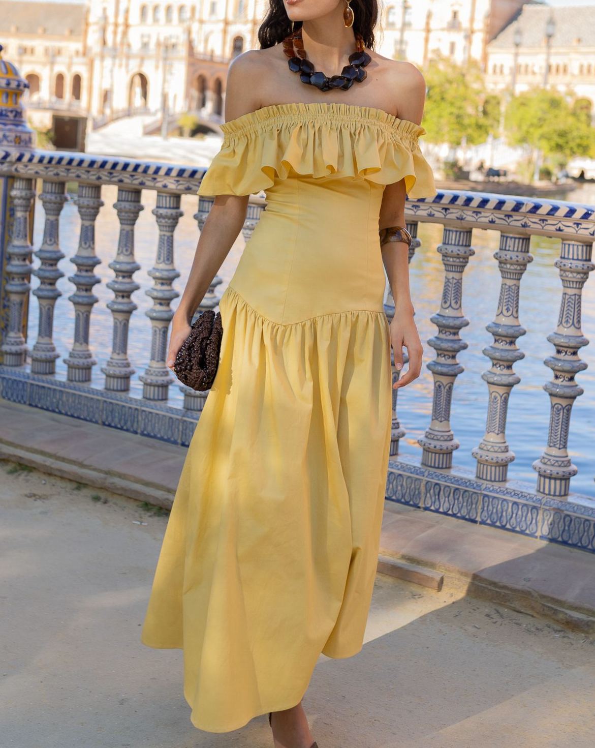 Pale Yellow Off-the-Shoulder Ruffled Dress