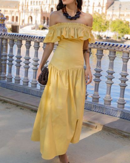 Pale Yellow Off-the-Shoulder Ruffled Dress
