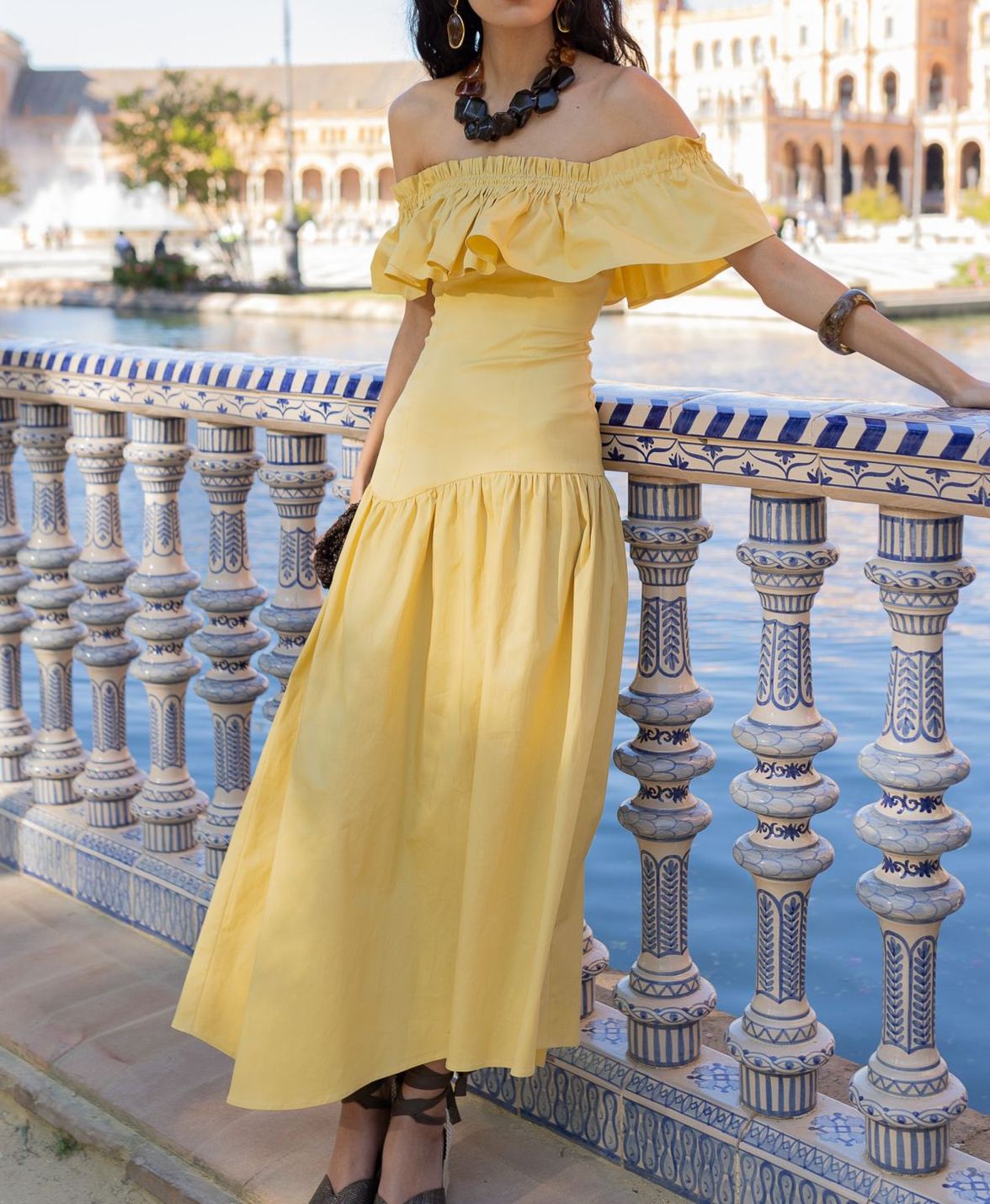 Pale Yellow Off-the-Shoulder Ruffled Dress