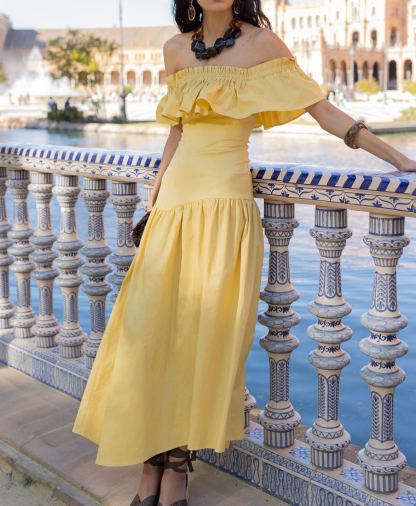 Pale Yellow Off-the-Shoulder Ruffled Dress