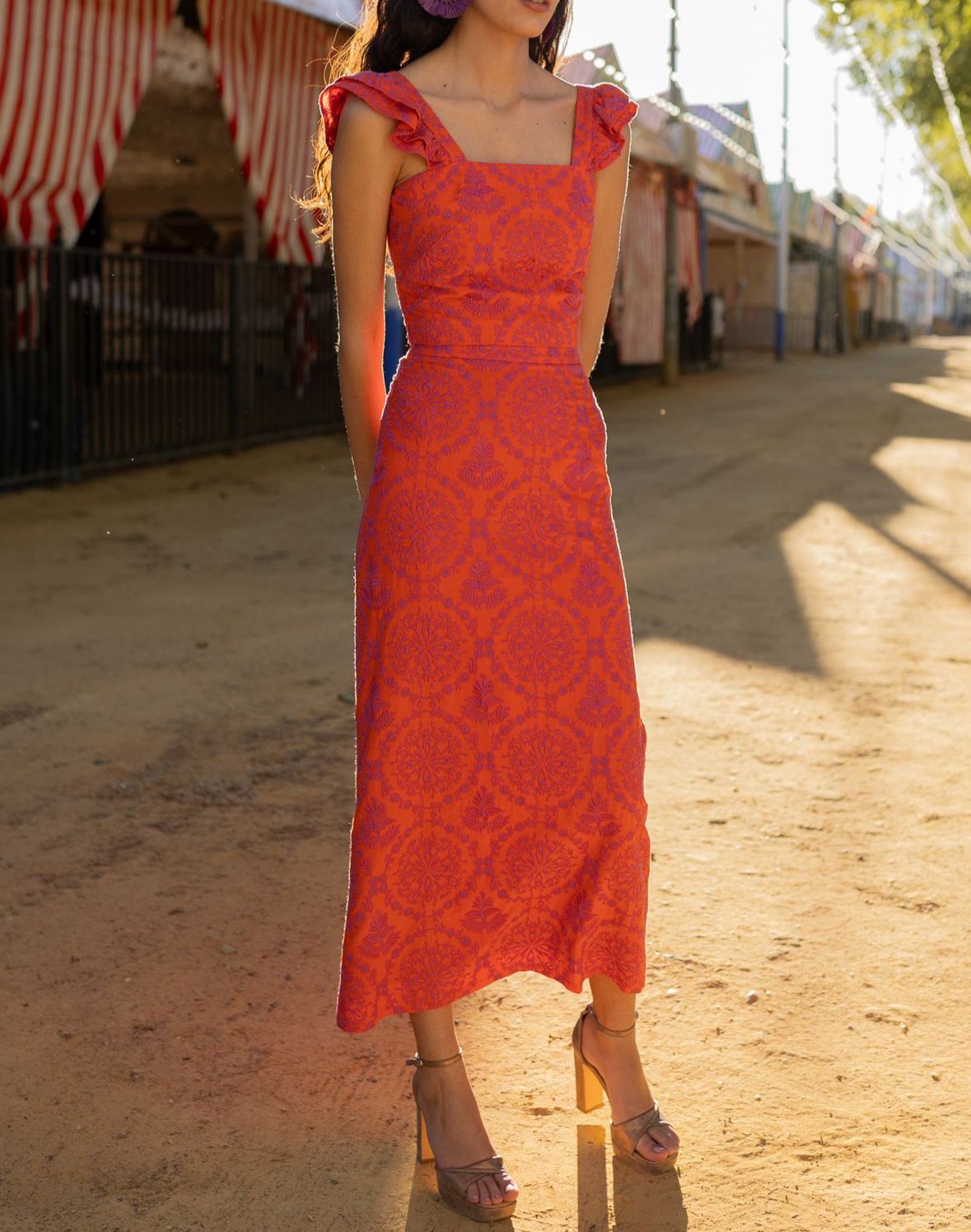Orange-Red Jacquard Square-Neck Ruffled Dress