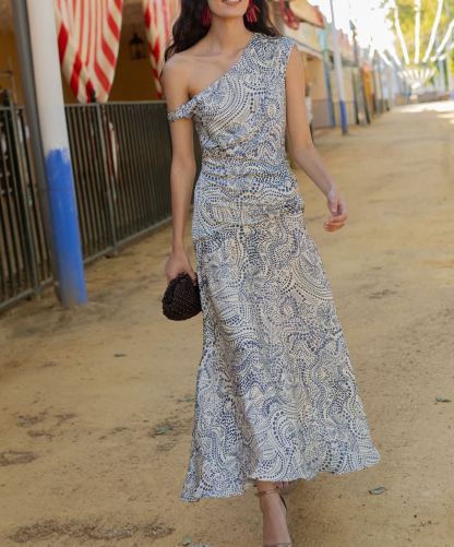 Spiral Print One-Shoulder Maxi Dress