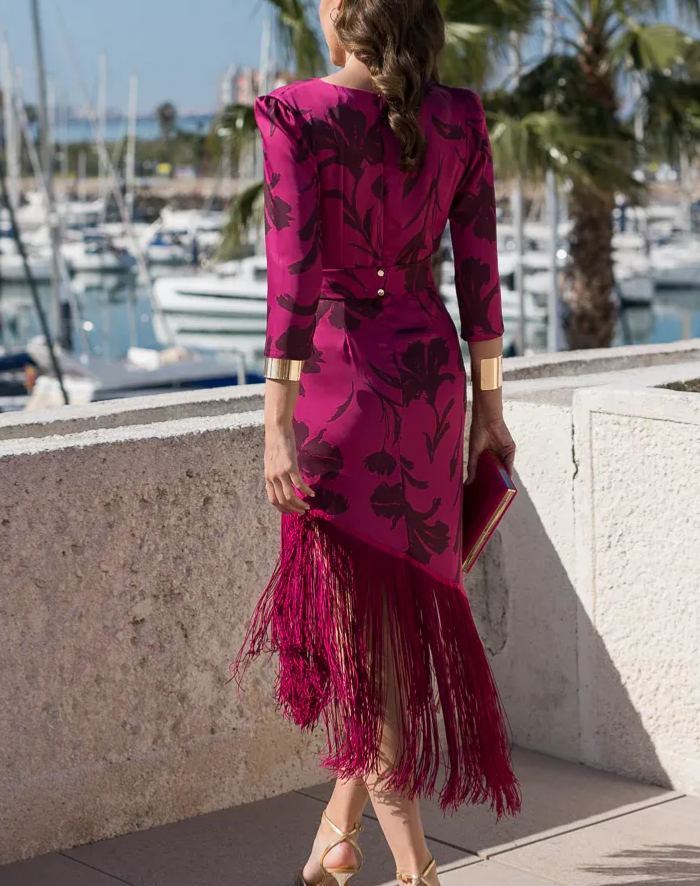 Bougainvillea-Print Fringe Dress