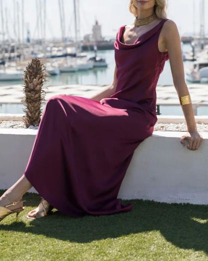 Cherry Red Midi Dress with Waterfall Neckline