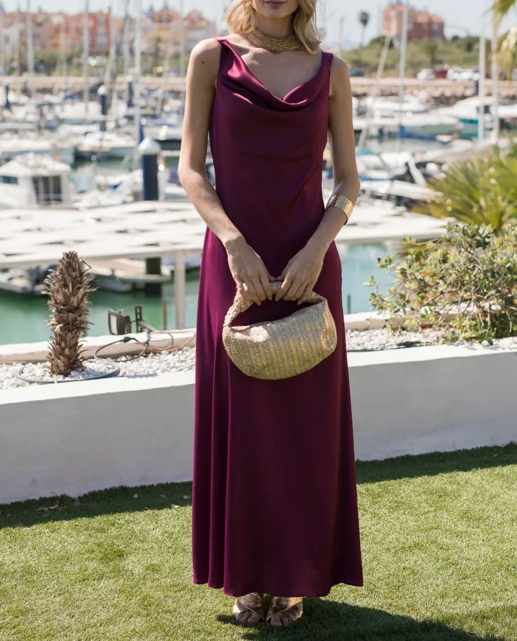 Cherry Red Midi Dress with Waterfall Neckline