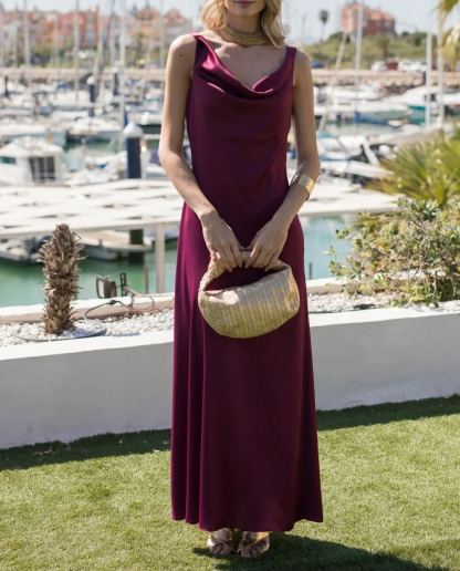 Cherry Red Midi Dress with Waterfall Neckline