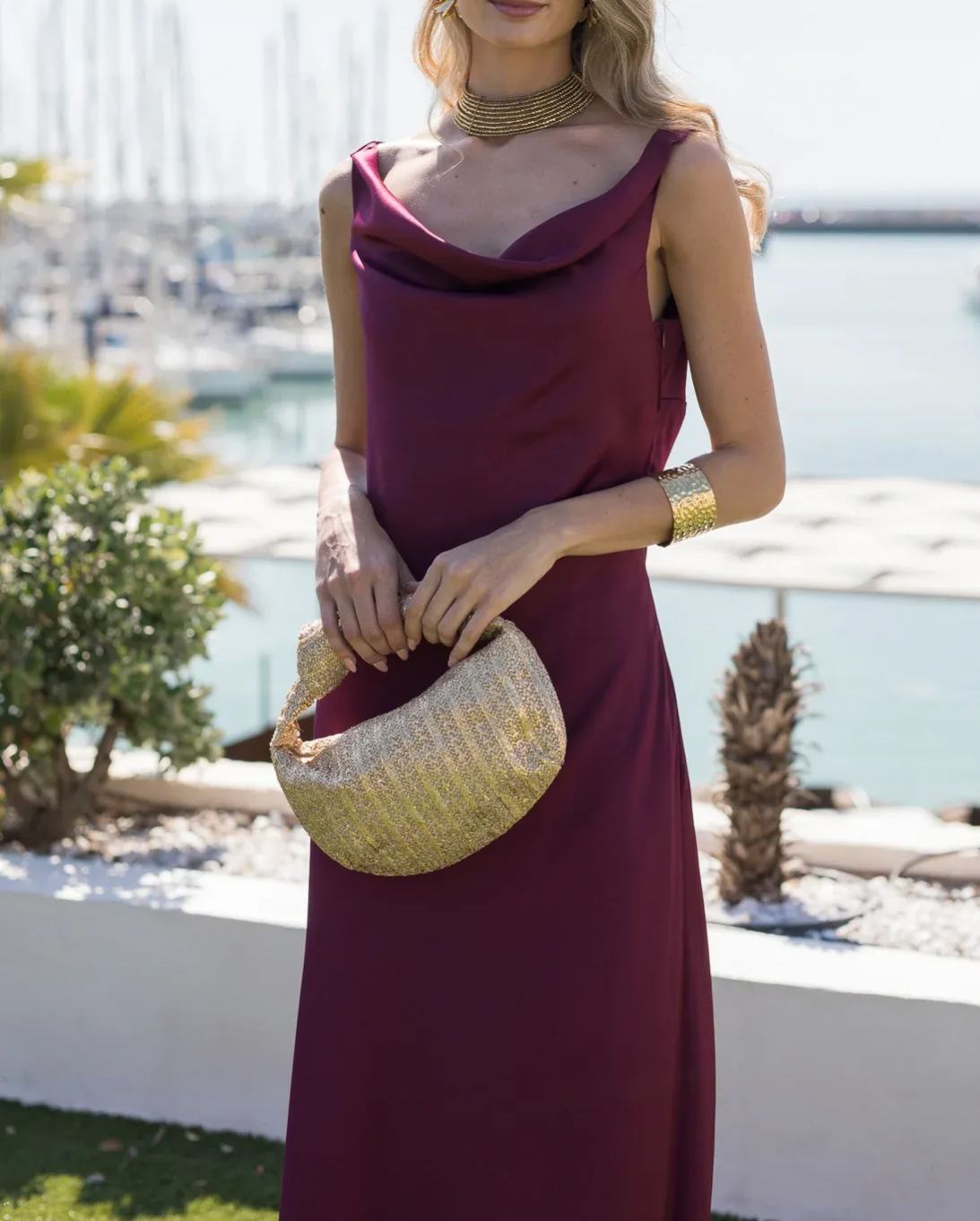 Cherry Red Midi Dress with Waterfall Neckline