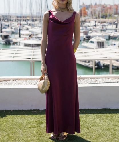 Cherry Red Midi Dress with Waterfall Neckline