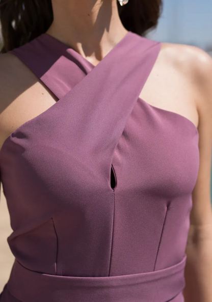 Long Backless Dress with Double-Layered Eggplant-Purple Hem