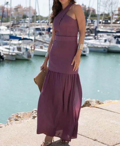 Long Backless Dress with Double-Layered Eggplant-Purple Hem