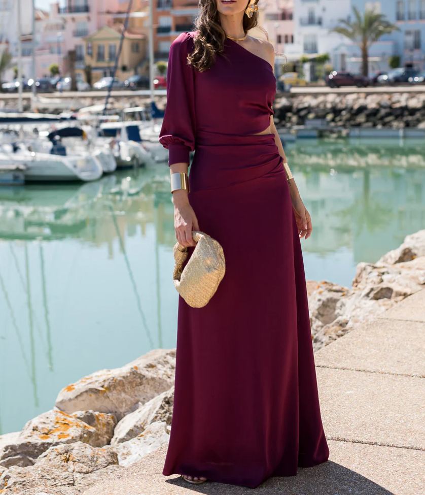 Purple Satin One-Shoulder Dress