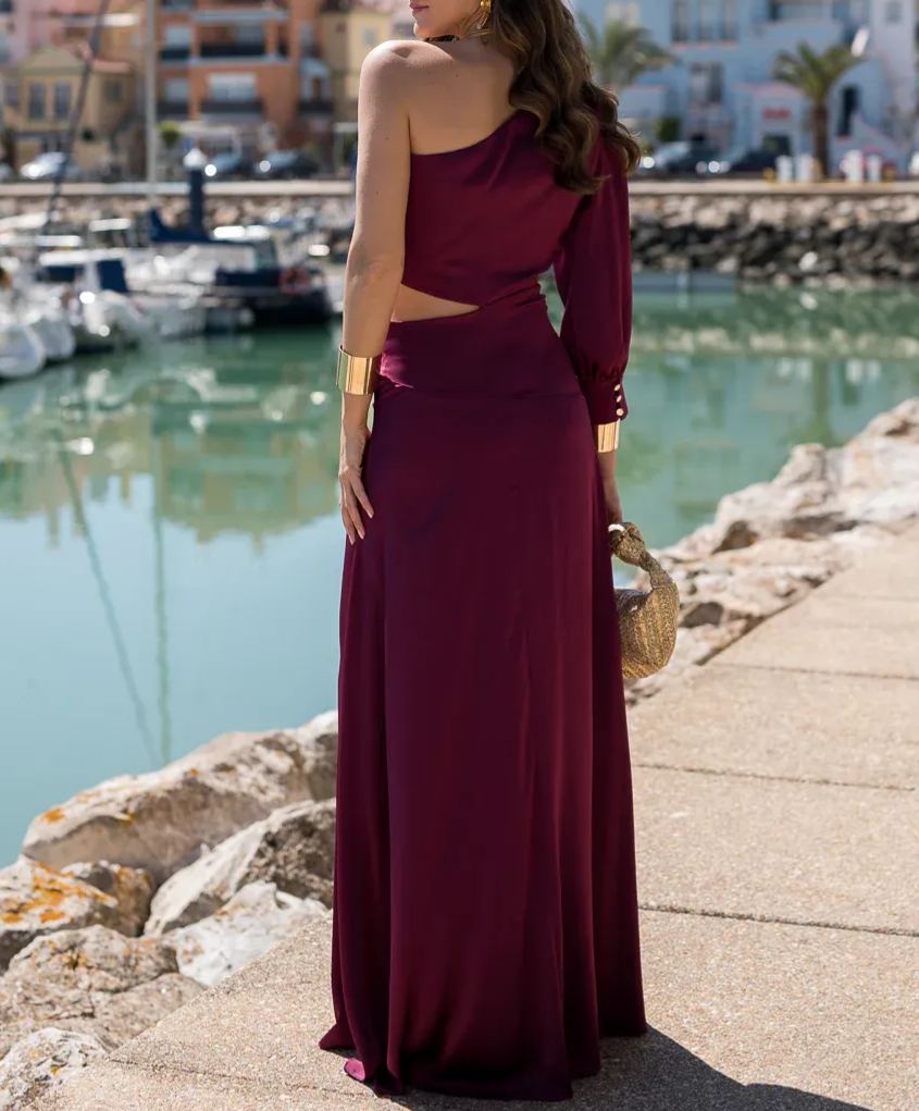 Purple Satin One-Shoulder Dress