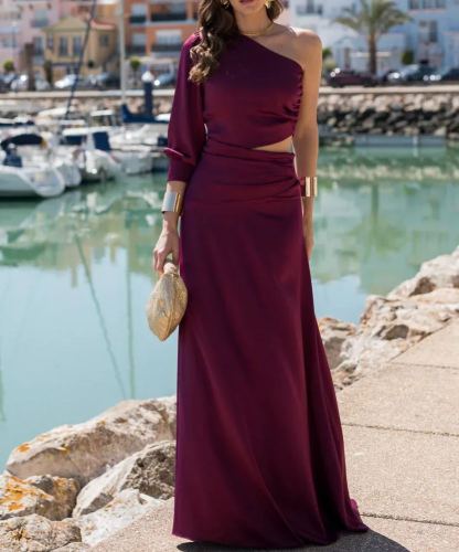 Purple Satin One-Shoulder Dress